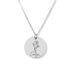 Name & Birth Flower Coin Necklace Without back engraving / January (Snow Drop) / Silver - Pura Jewels