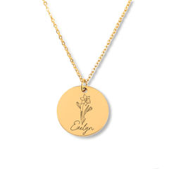 Name & Birth Flower Coin Necklace Without back engraving / January (Snow Drop) / Gold - Pura Jewels
