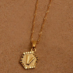 Hexagon Initial Letter Necklace V - Pura Jewels
