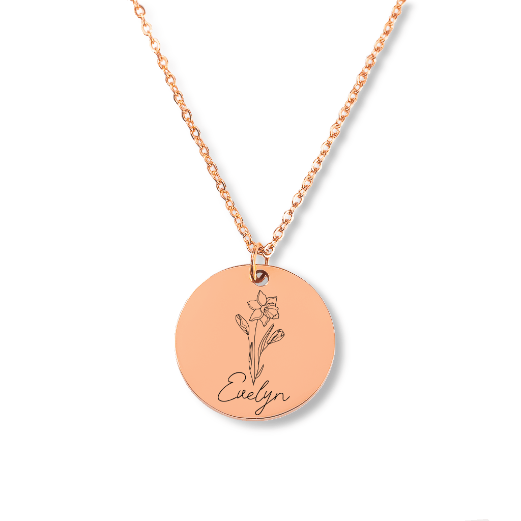 Name & Birth Flower Coin Necklace Without back engraving / January (Snow Drop) / Rose Gold - Pura Jewels
