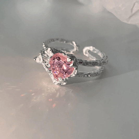 Pink Crystal Heart Ring Adjustable / Silver - Pura Jewels